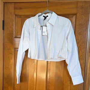Cropped White Button-Up with Blue Pinstripes